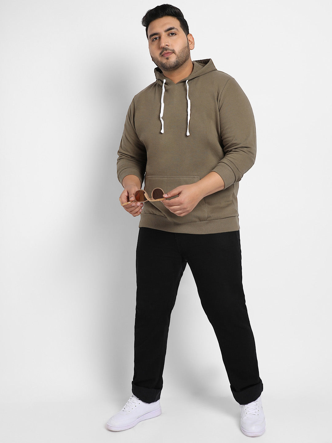 Olive Green Basic Hoodie With Kangaroo Pocket