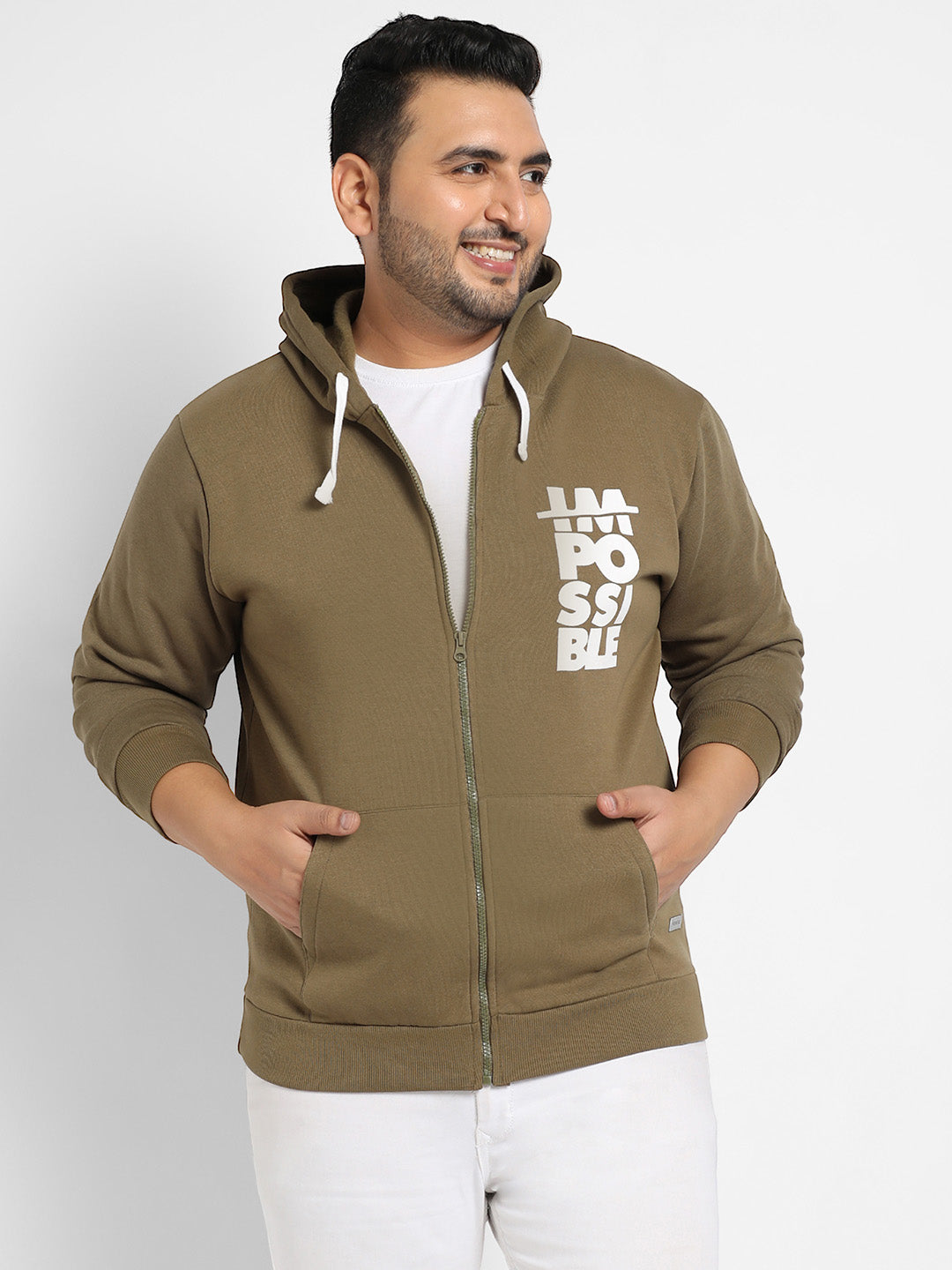 Olive Green Zip-Front Impossible Hoodie With Contrast Drawstring