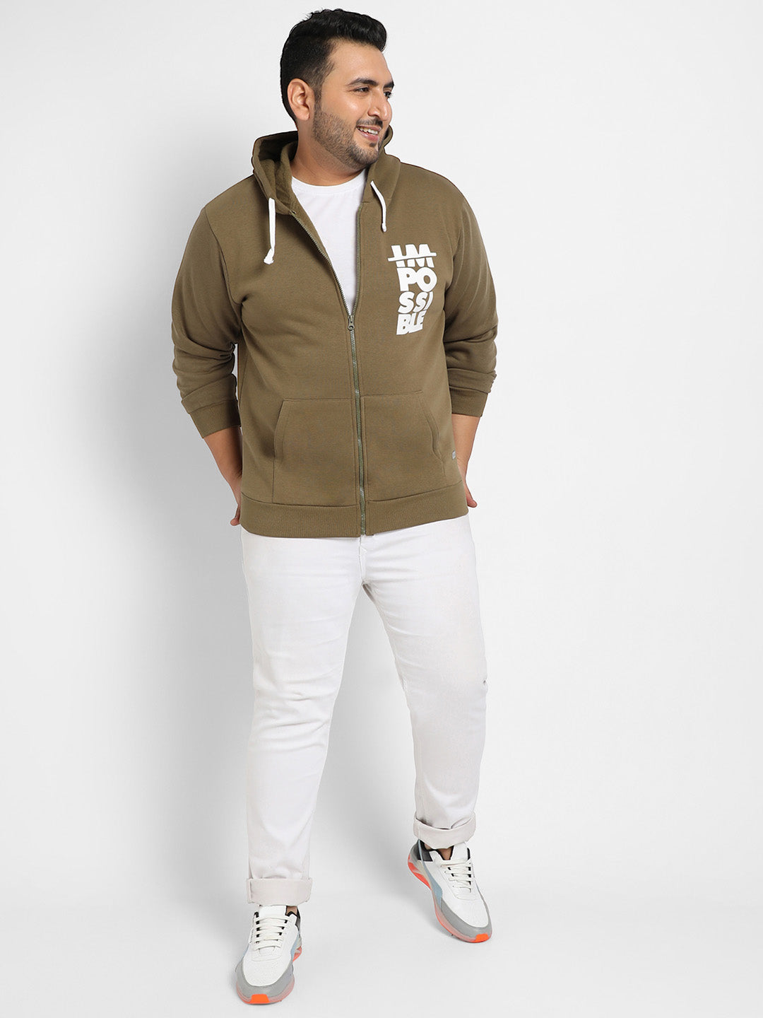 Olive Green Zip-Front Impossible Hoodie With Contrast Drawstring