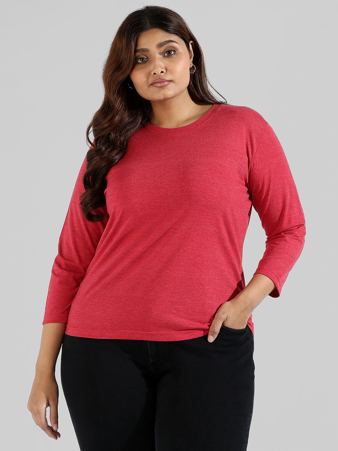 Solid Stylish Quarter Sleeve Round Neck Top