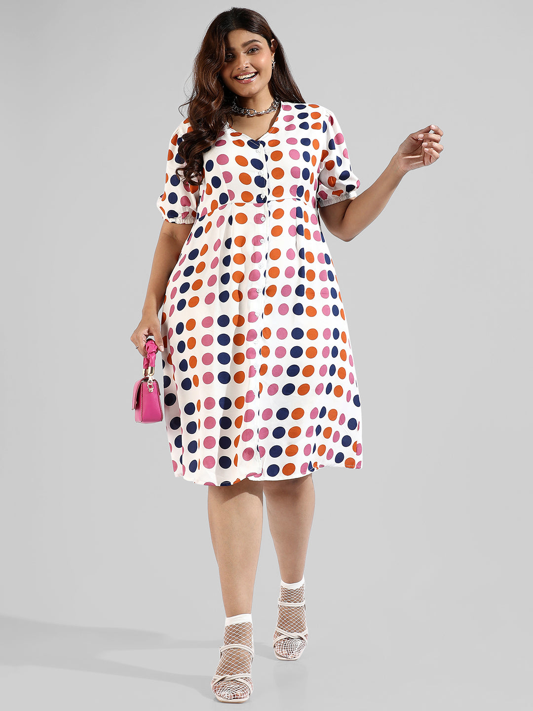 Polka Dot'S Design, Button Stylish Casual Dresses