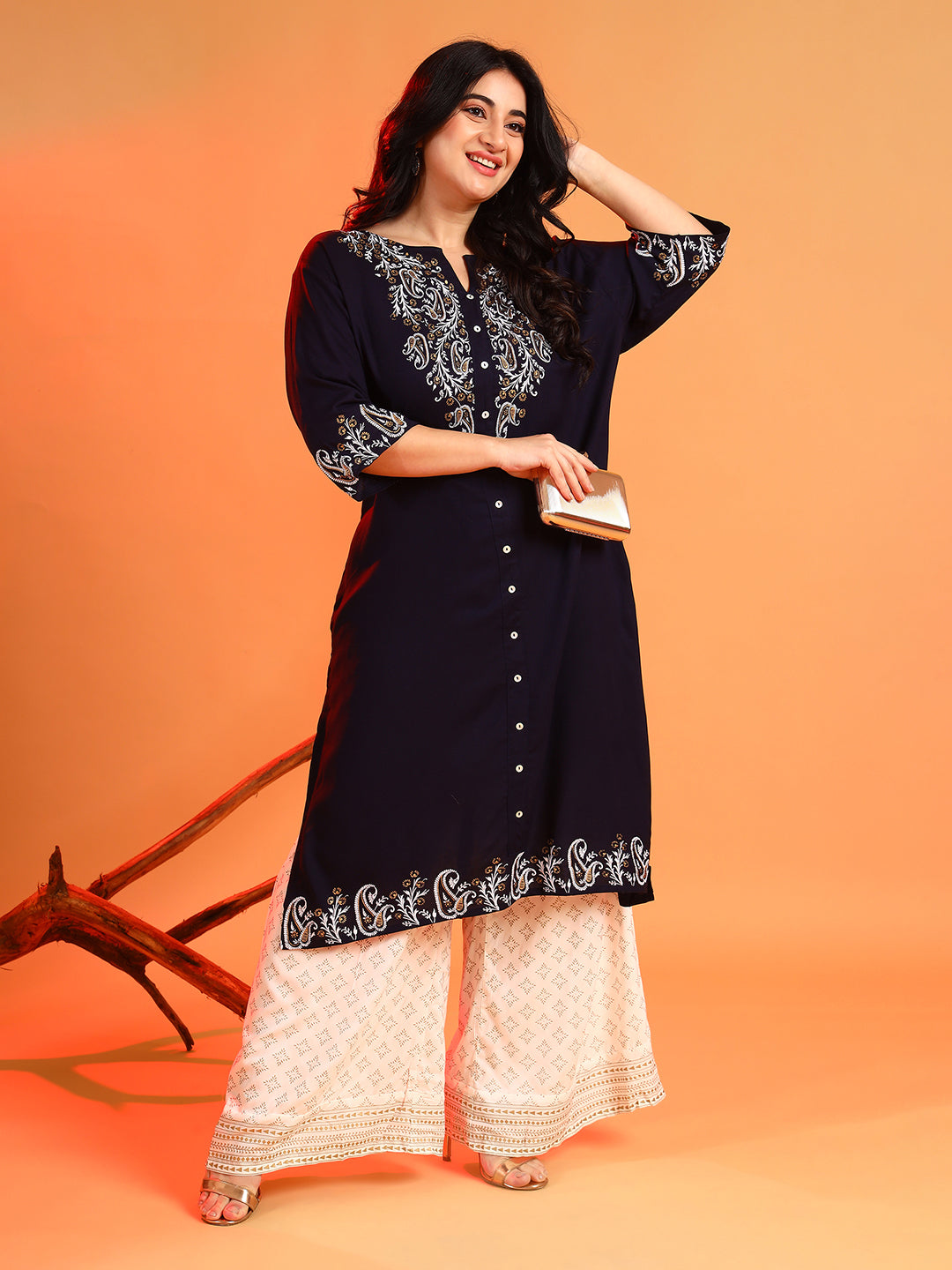 PLUS SIZE WOMEN PAISLEY PRINT STRAIGHT KURTA SET