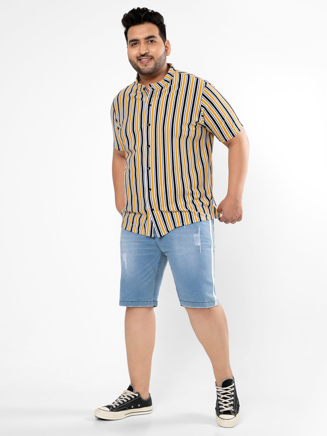 Solid & Side Striped Denim Short