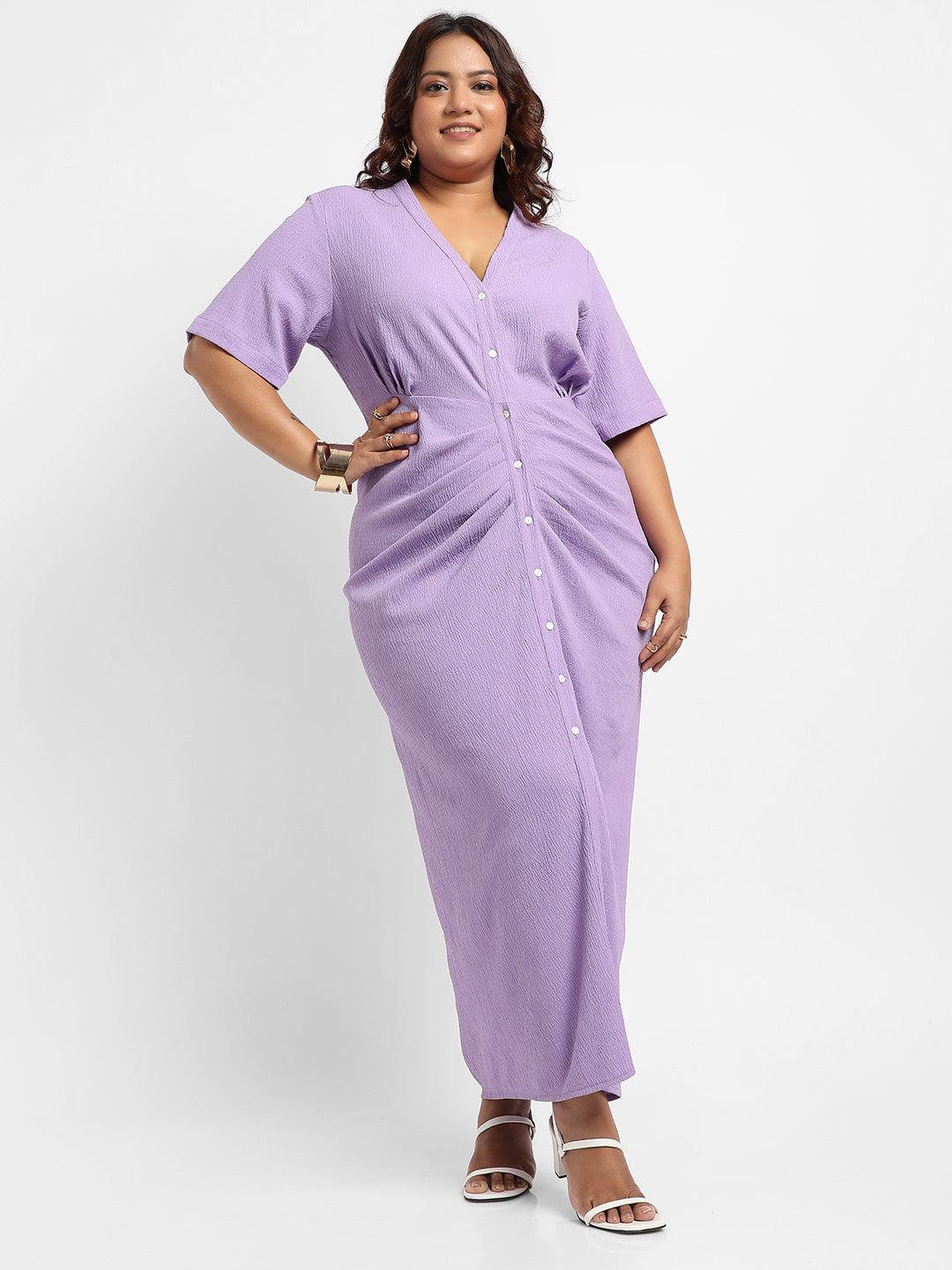 Lavender Button-Front Ruched Dress