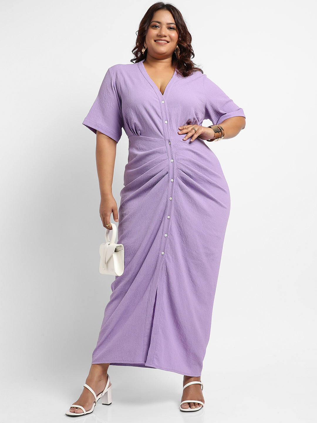 Lavender Button-Front Ruched Dress