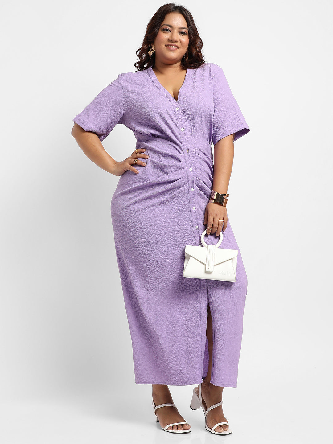 Lavender Button-Front Ruched Dress