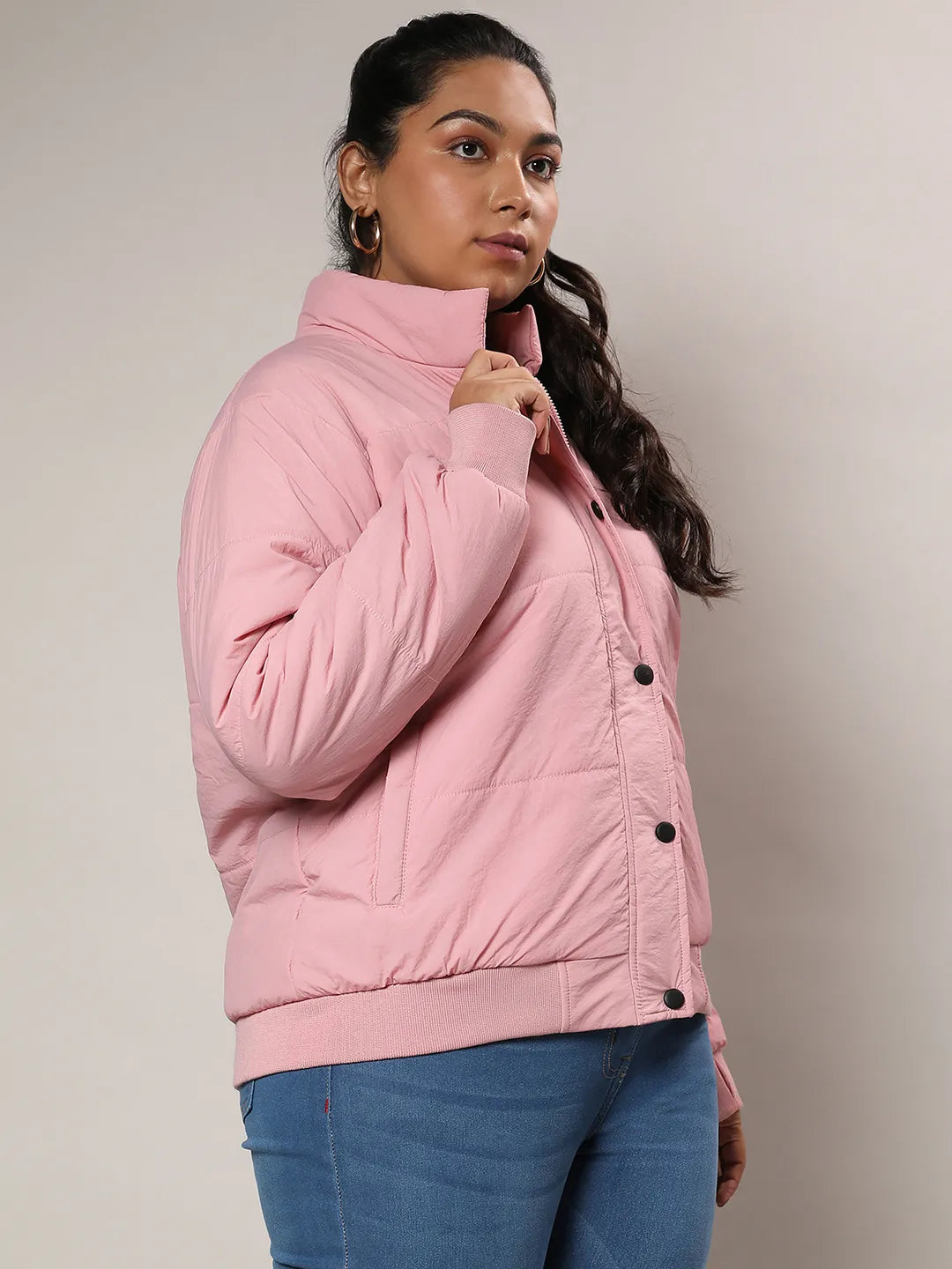 Blush Pink Puffer Jacket With Angled Open Pockets