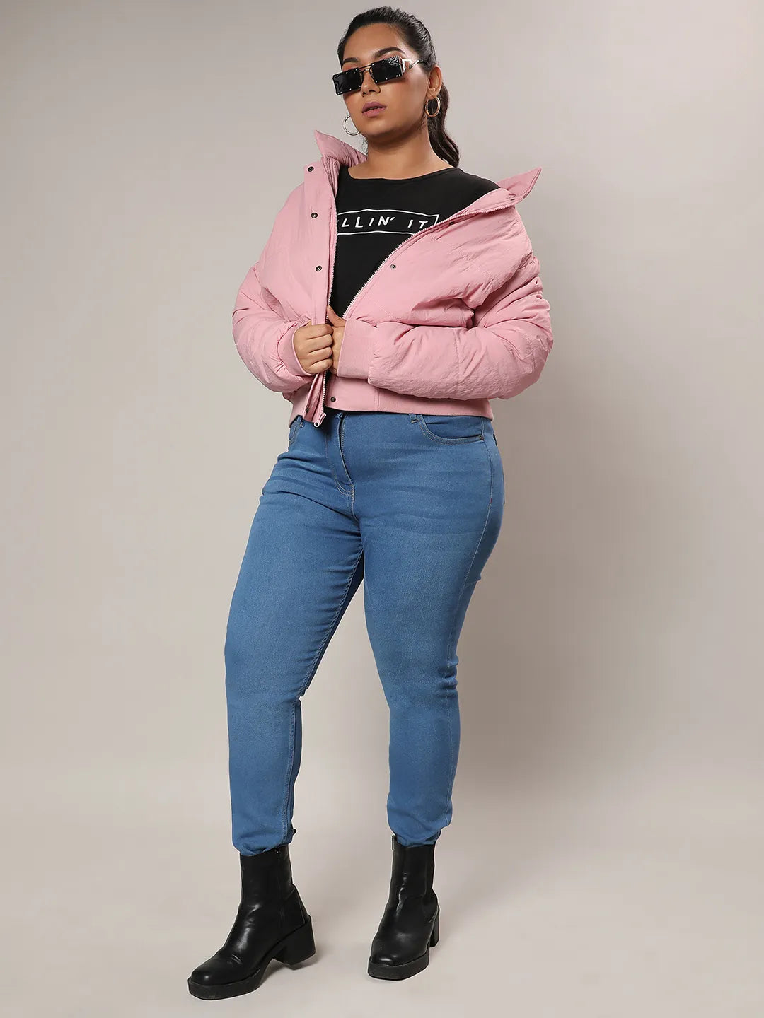 Blush Pink Puffer Jacket With Angled Open Pockets