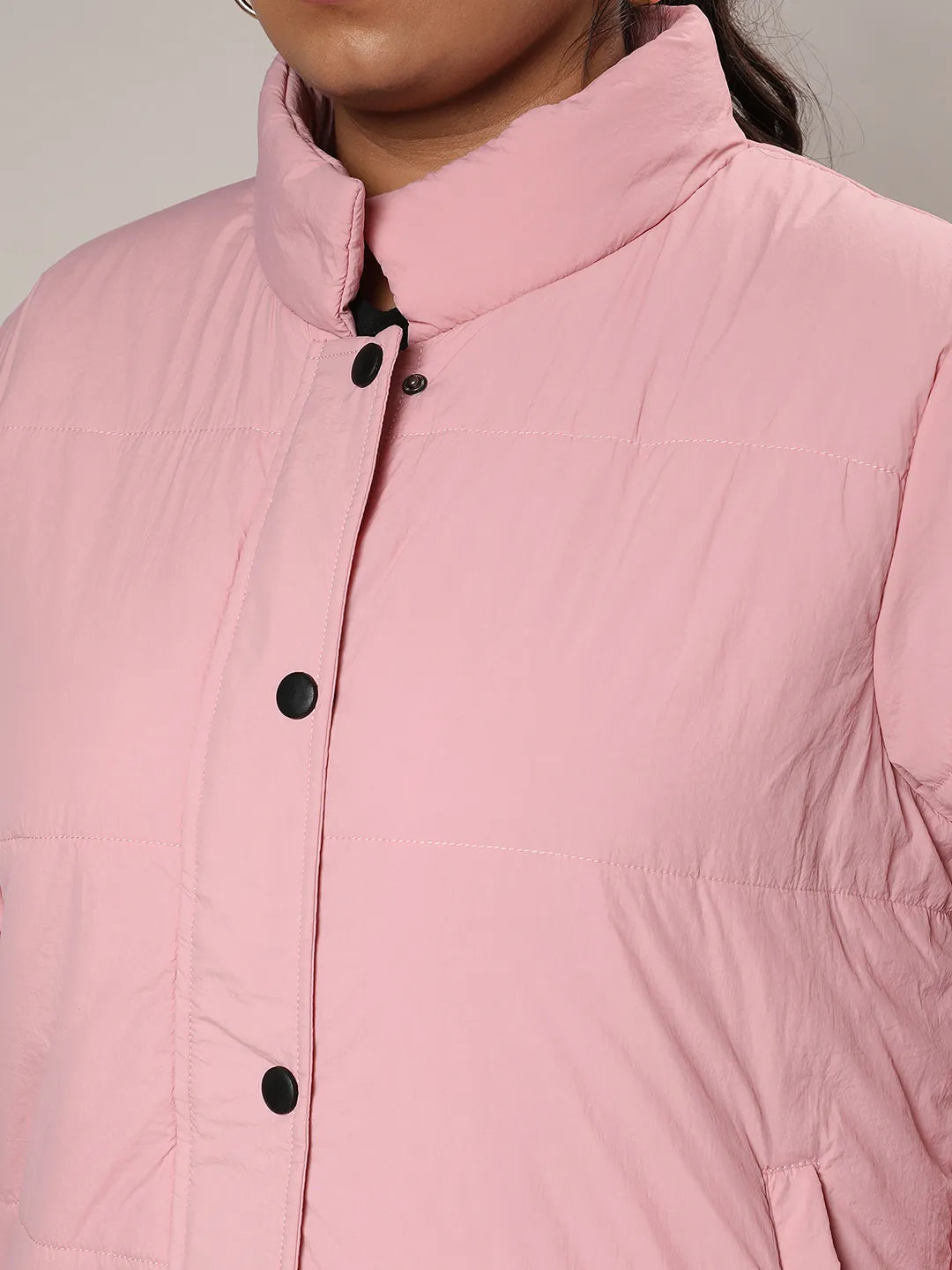 Blush Pink Puffer Jacket With Angled Open Pockets