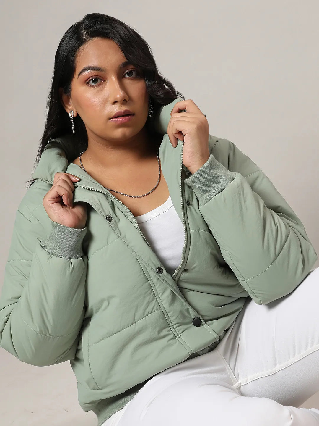 Sage Green Quilted Bomber Jacket With Ribbed Hem