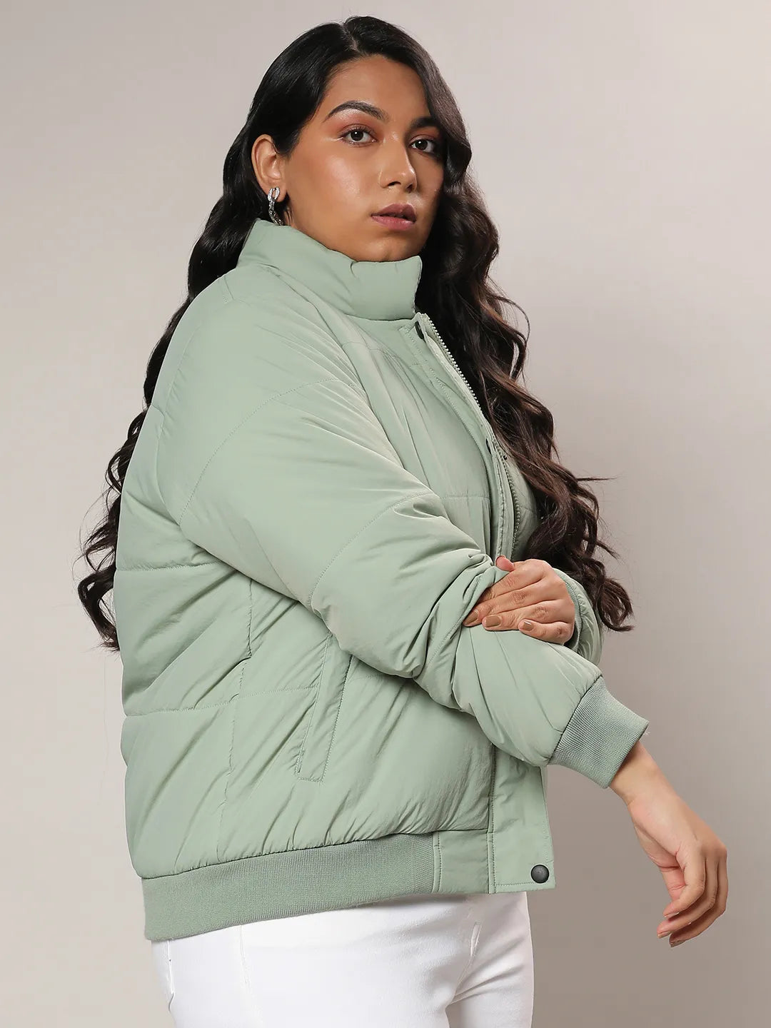 Sage Green Quilted Bomber Jacket With Ribbed Hem