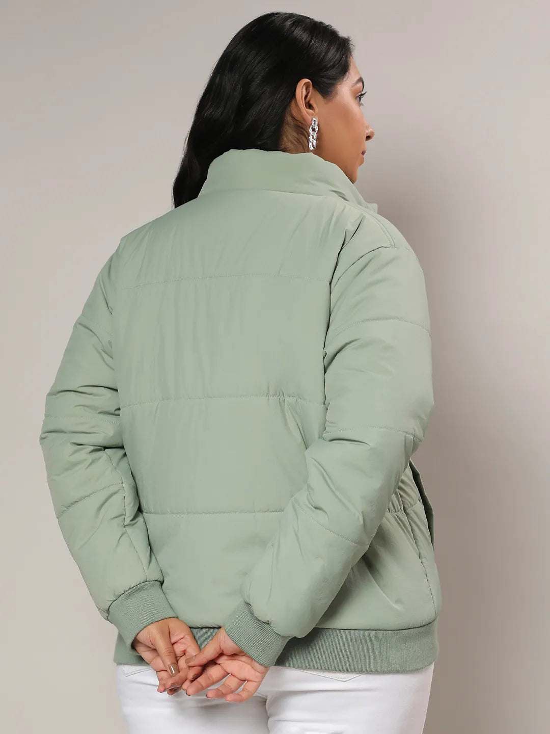 Sage Green Quilted Bomber Jacket With Ribbed Hem