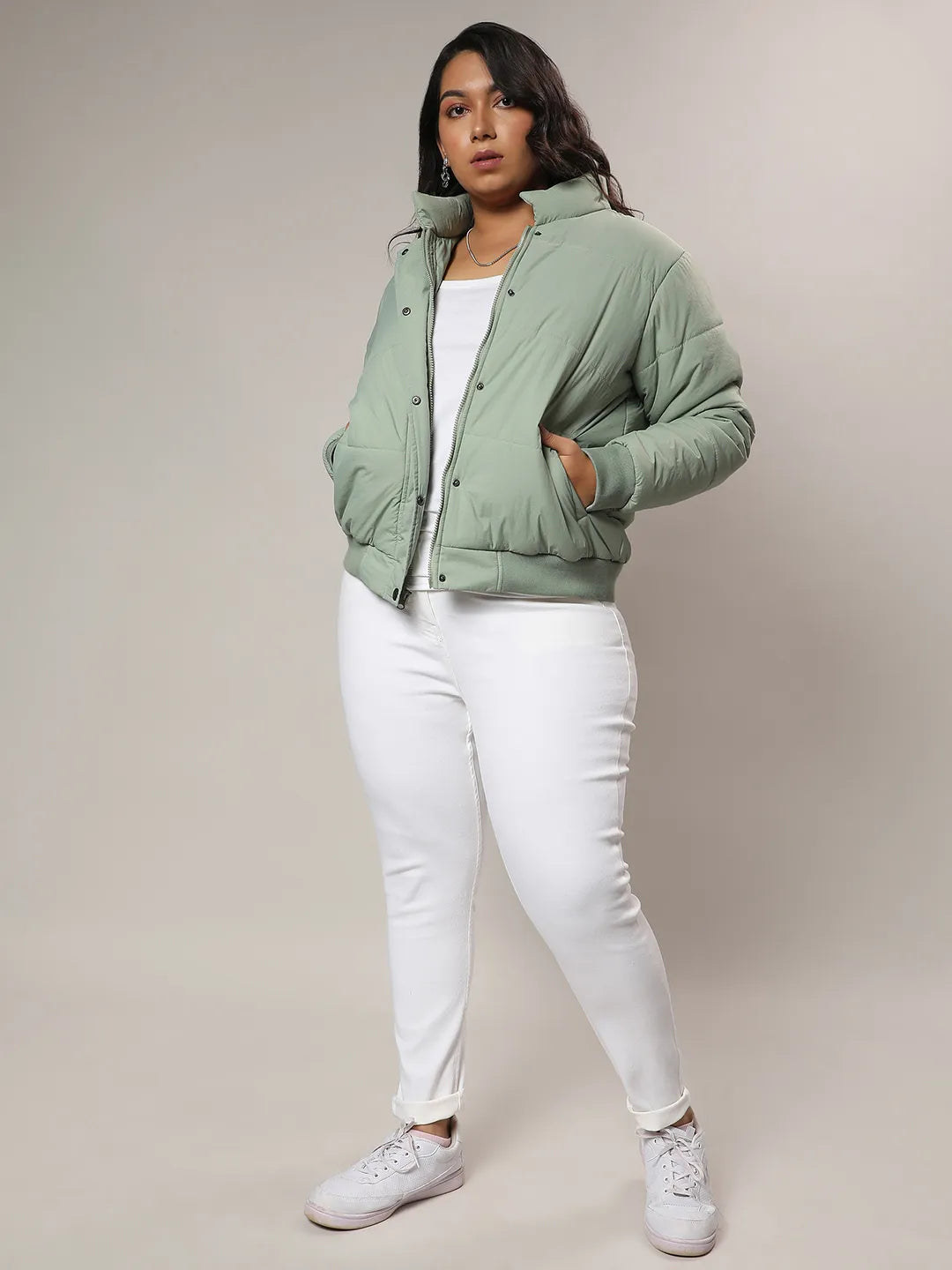 Sage Green Quilted Bomber Jacket With Ribbed Hem