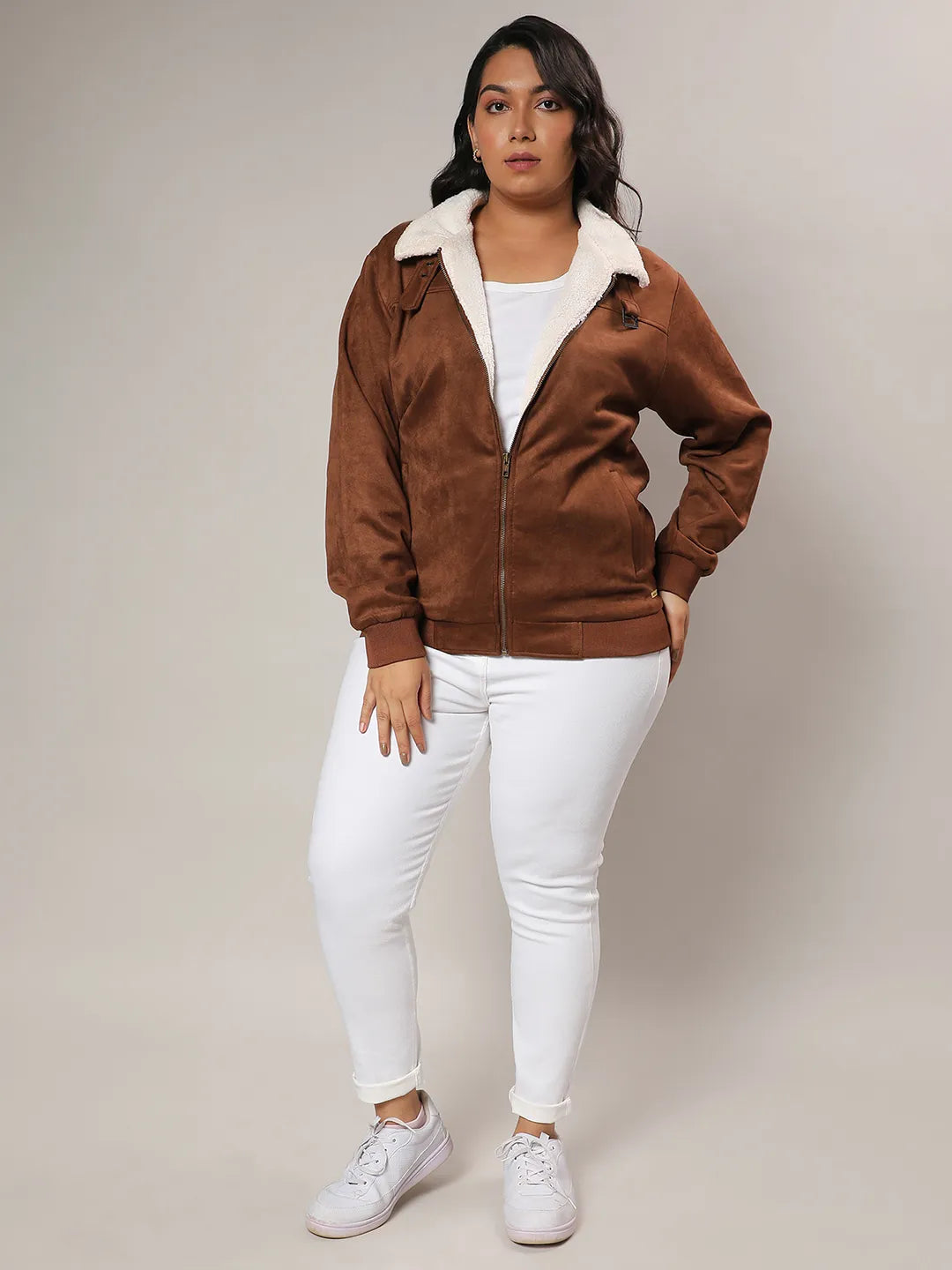 Tan Brown Fleece Lined Biker Jacket