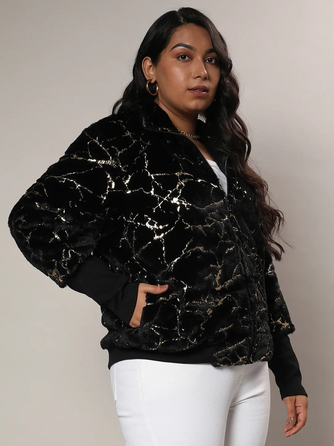 Carbon Black Metallic Veined Faux Fur Jacket