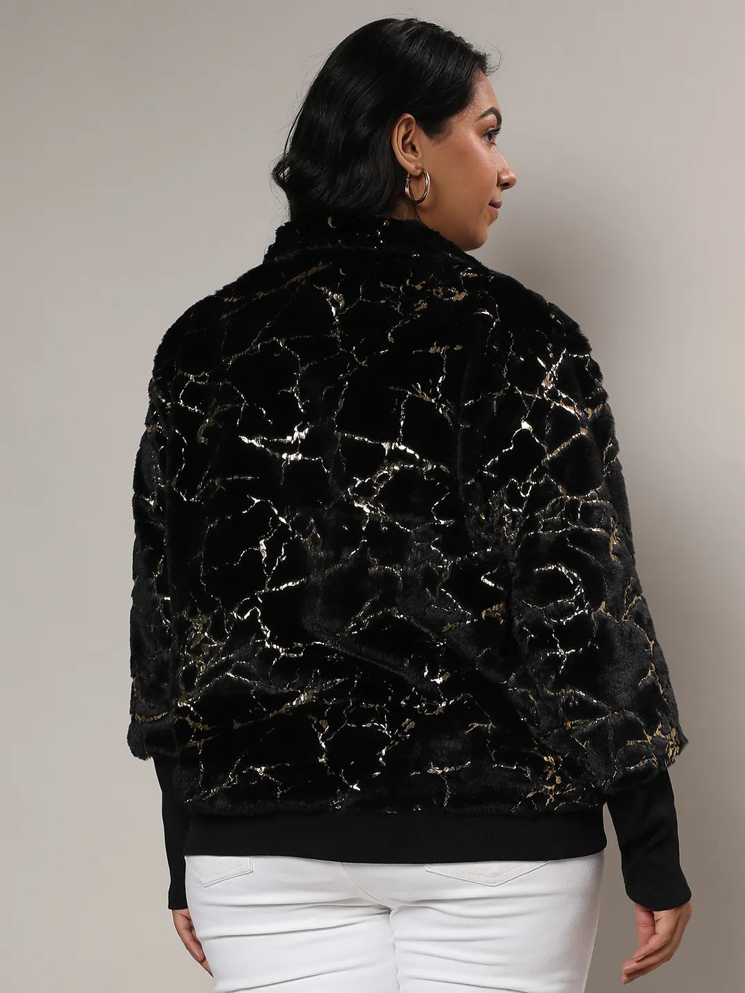 Carbon Black Metallic Veined Faux Fur Jacket