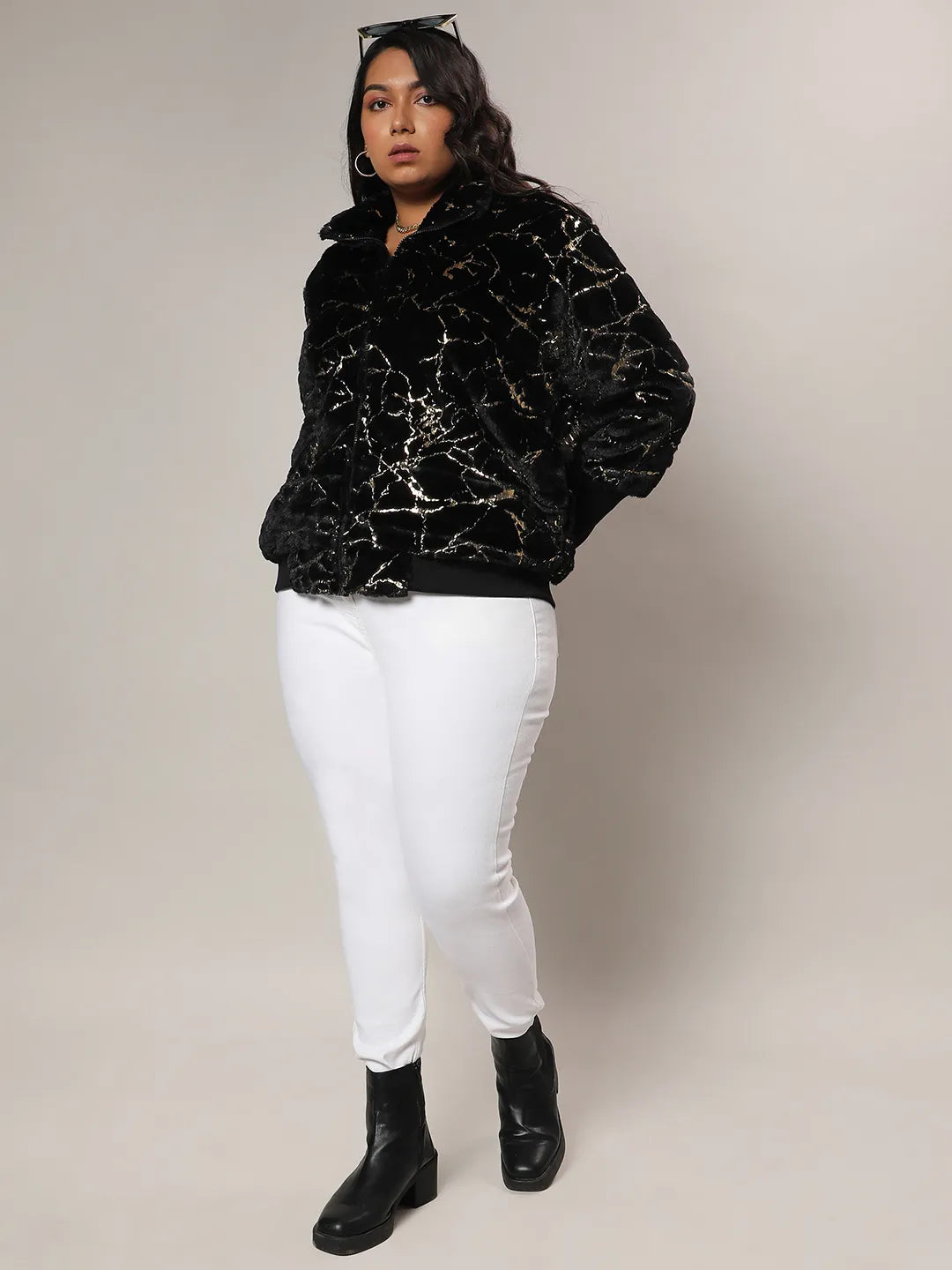 Carbon Black Metallic Veined Faux Fur Jacket