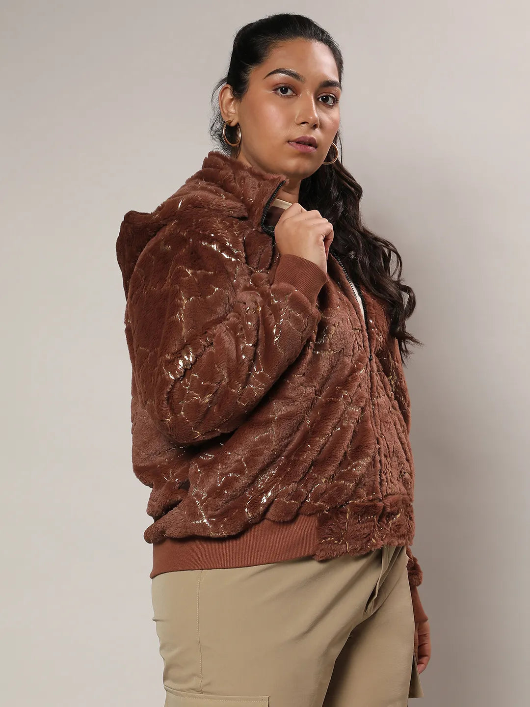 Chocolate Brown Metallic Veined Faux Fur Jacket