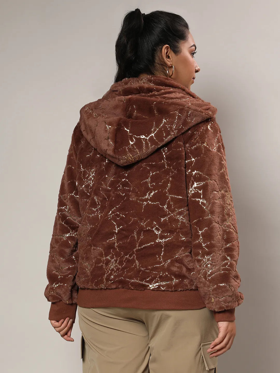 Chocolate Brown Metallic Veined Faux Fur Jacket