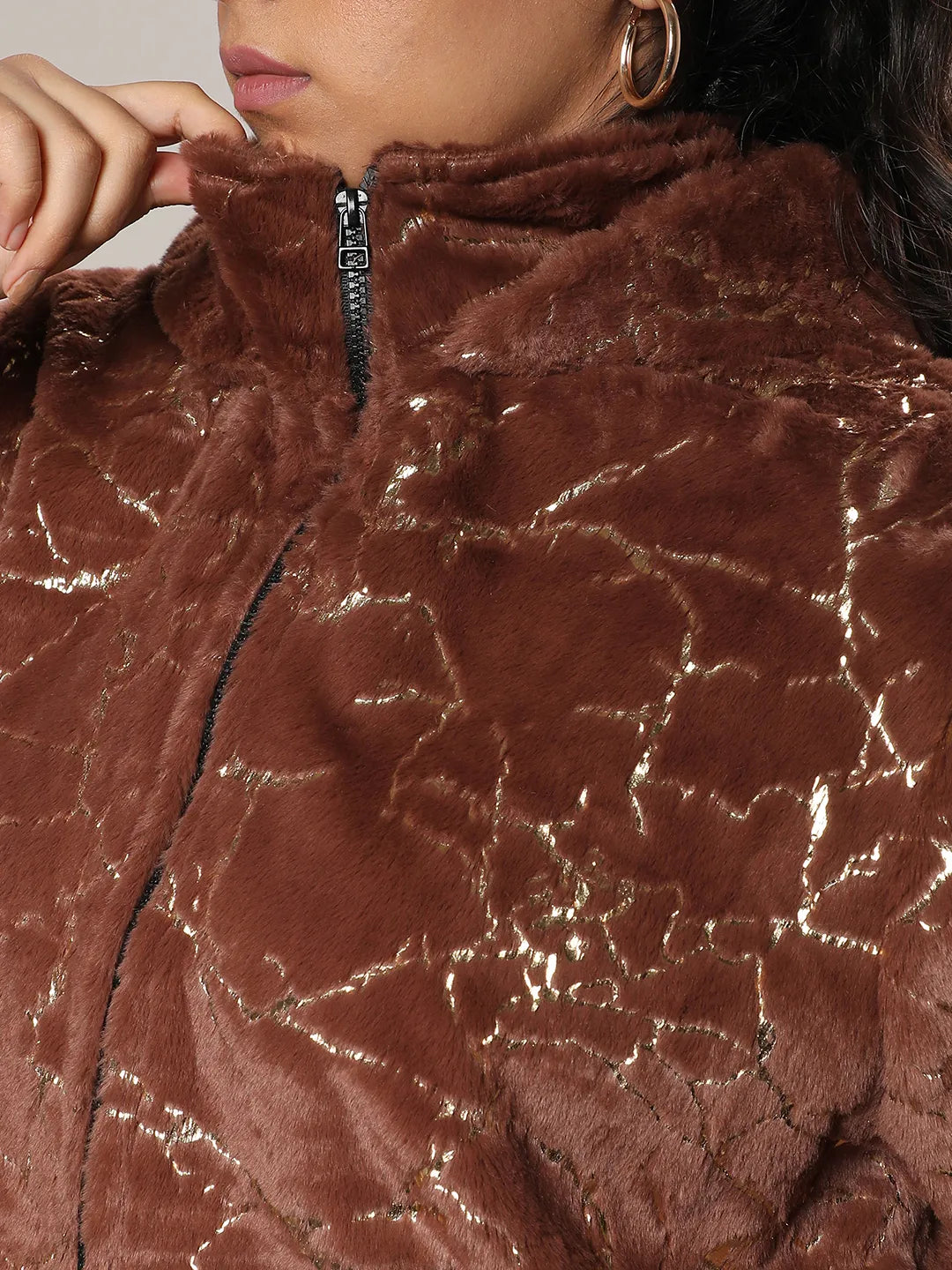 Chocolate Brown Metallic Veined Faux Fur Jacket