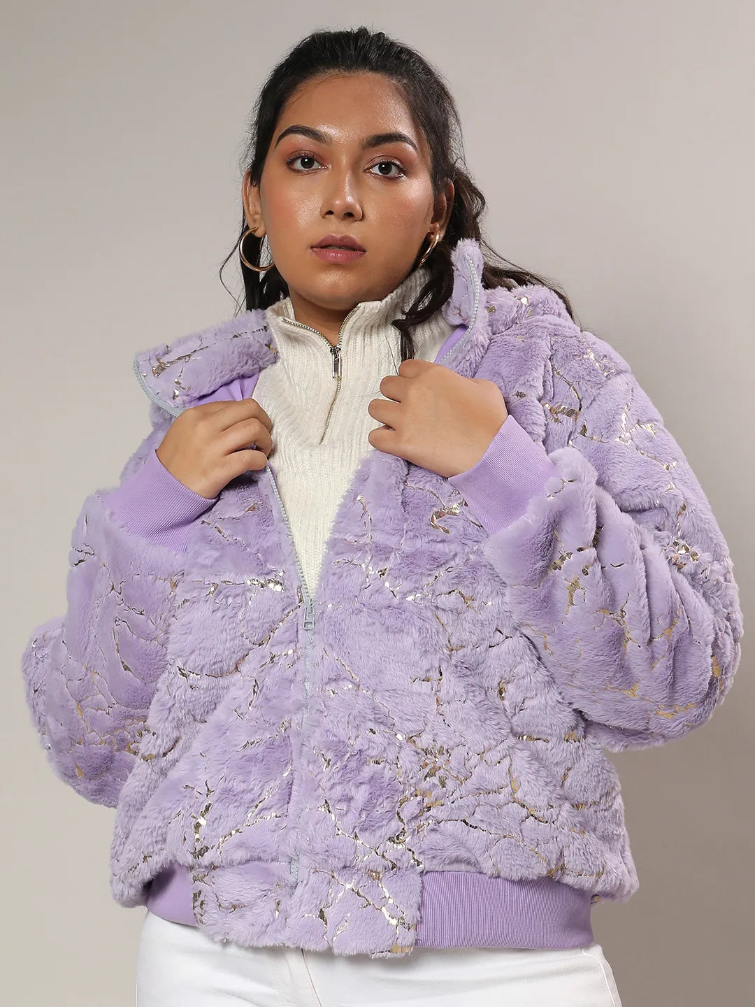 Lilac Metallic Veined Faux Fur Jacket