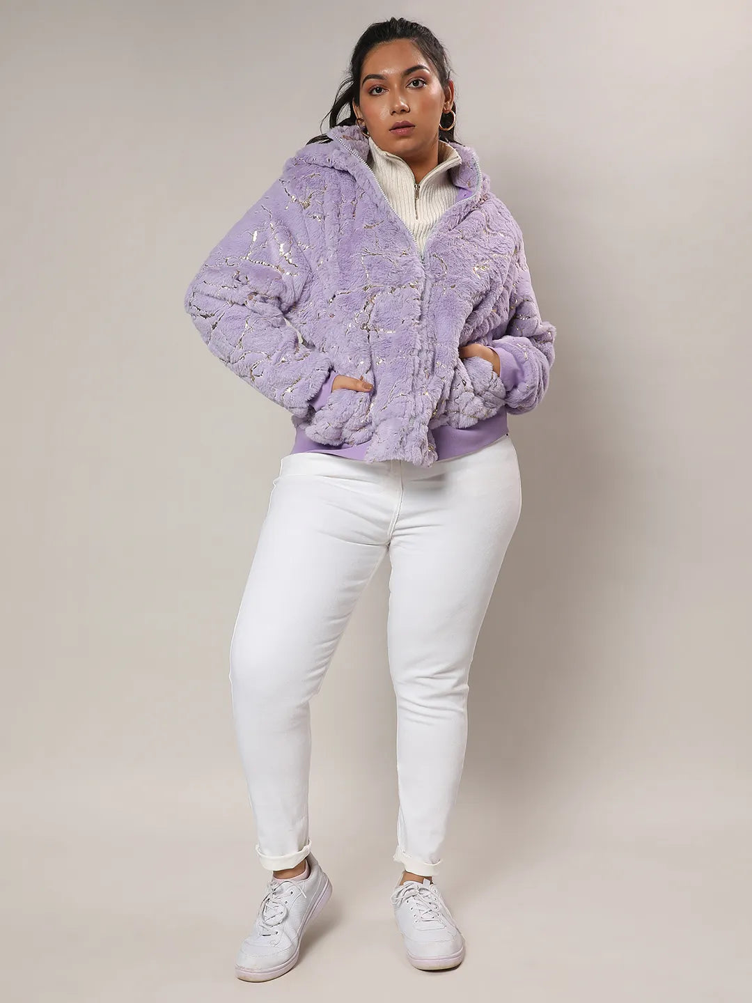 Lilac Metallic Veined Faux Fur Jacket