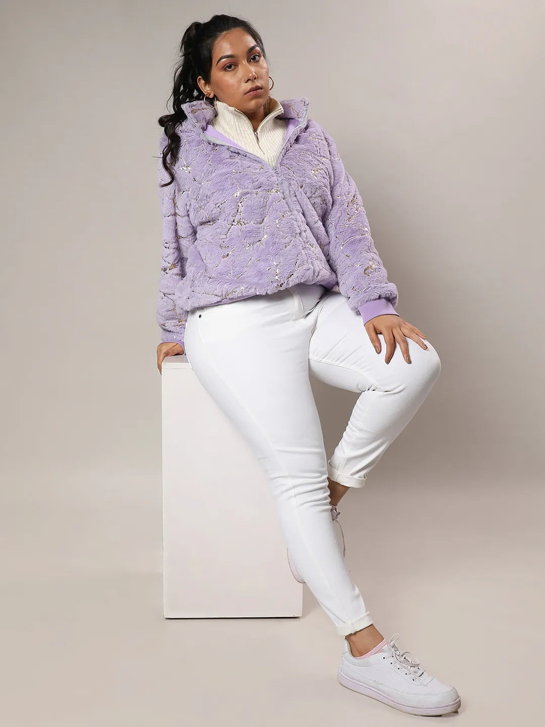 Lilac Metallic Veined Faux Fur Jacket