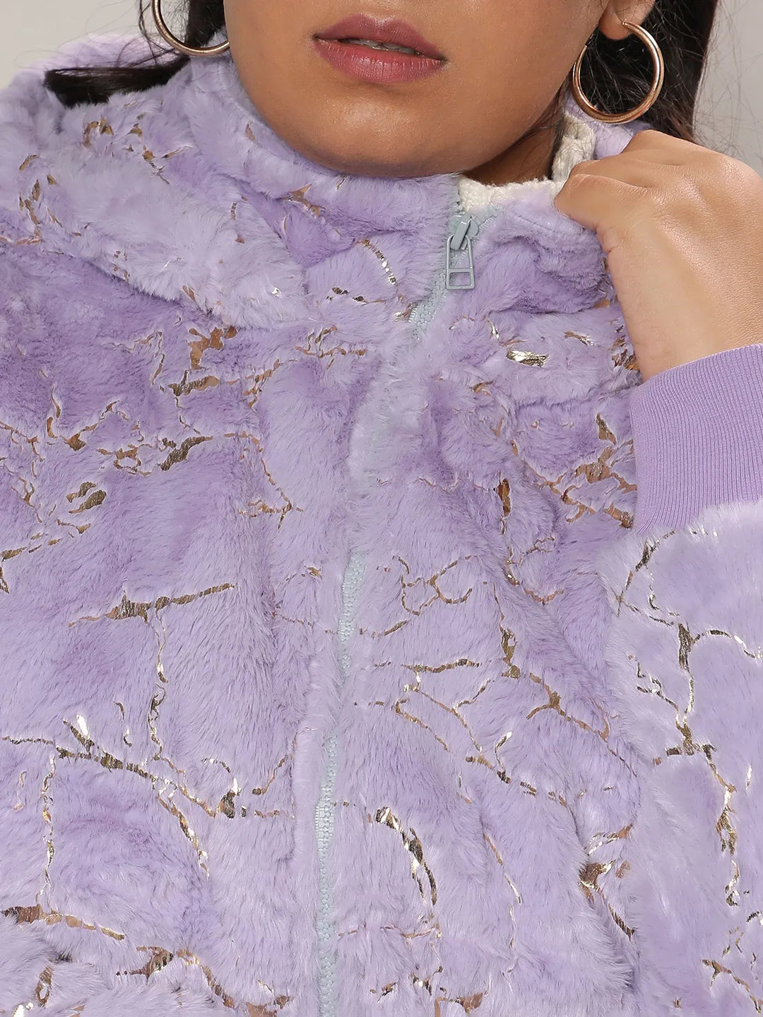 Lilac Metallic Veined Faux Fur Jacket