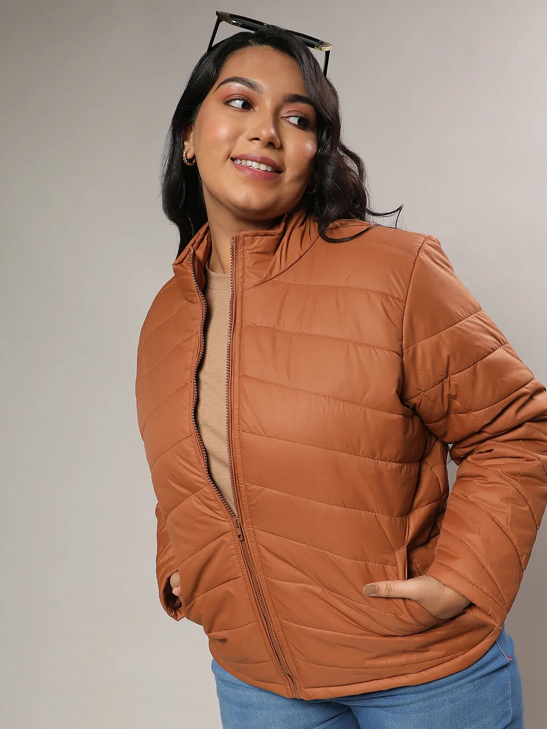 Tan Brown Quilted Puffer Jacket With Zip Closure