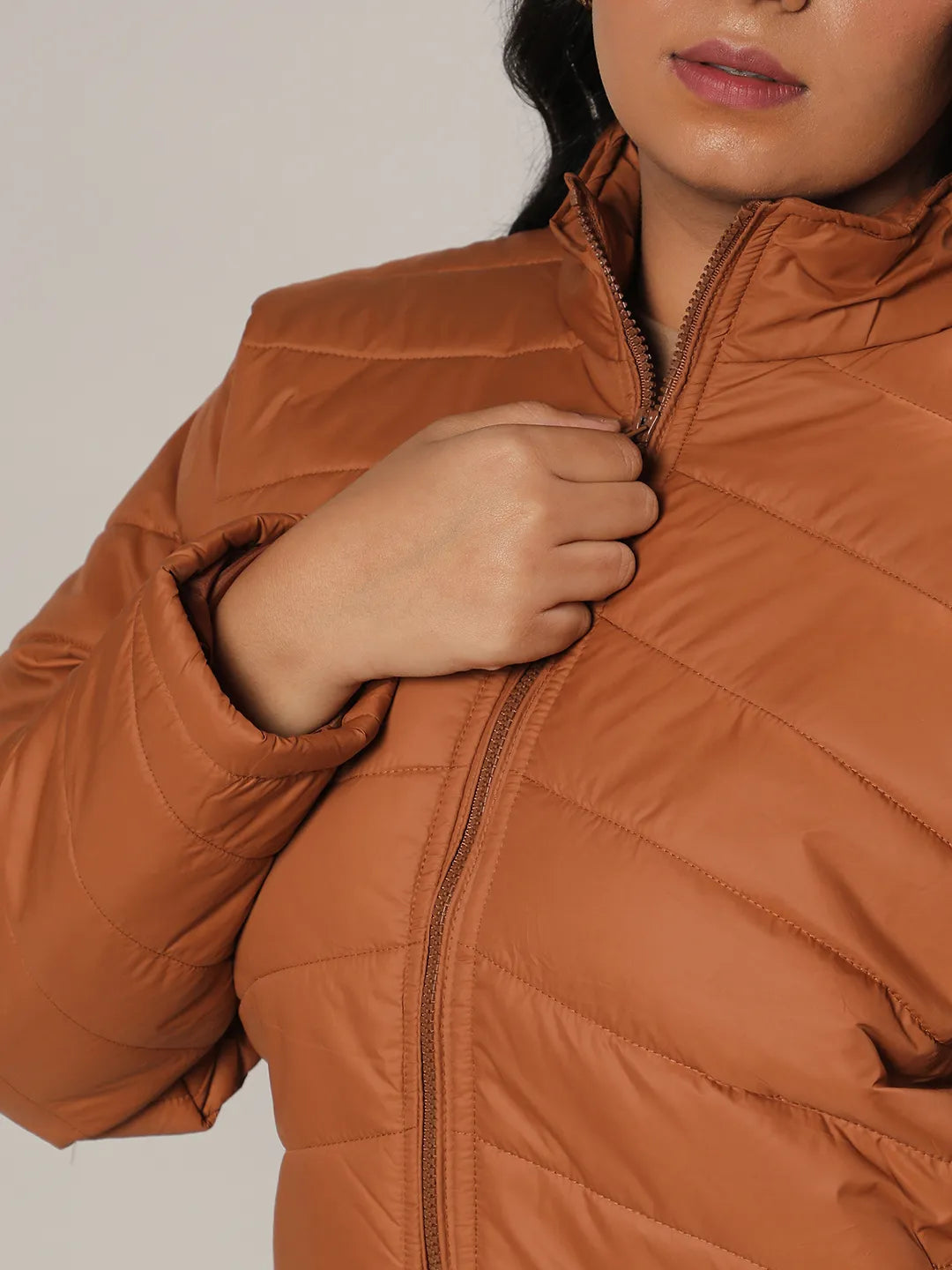 Tan Brown Quilted Puffer Jacket With Zip Closure